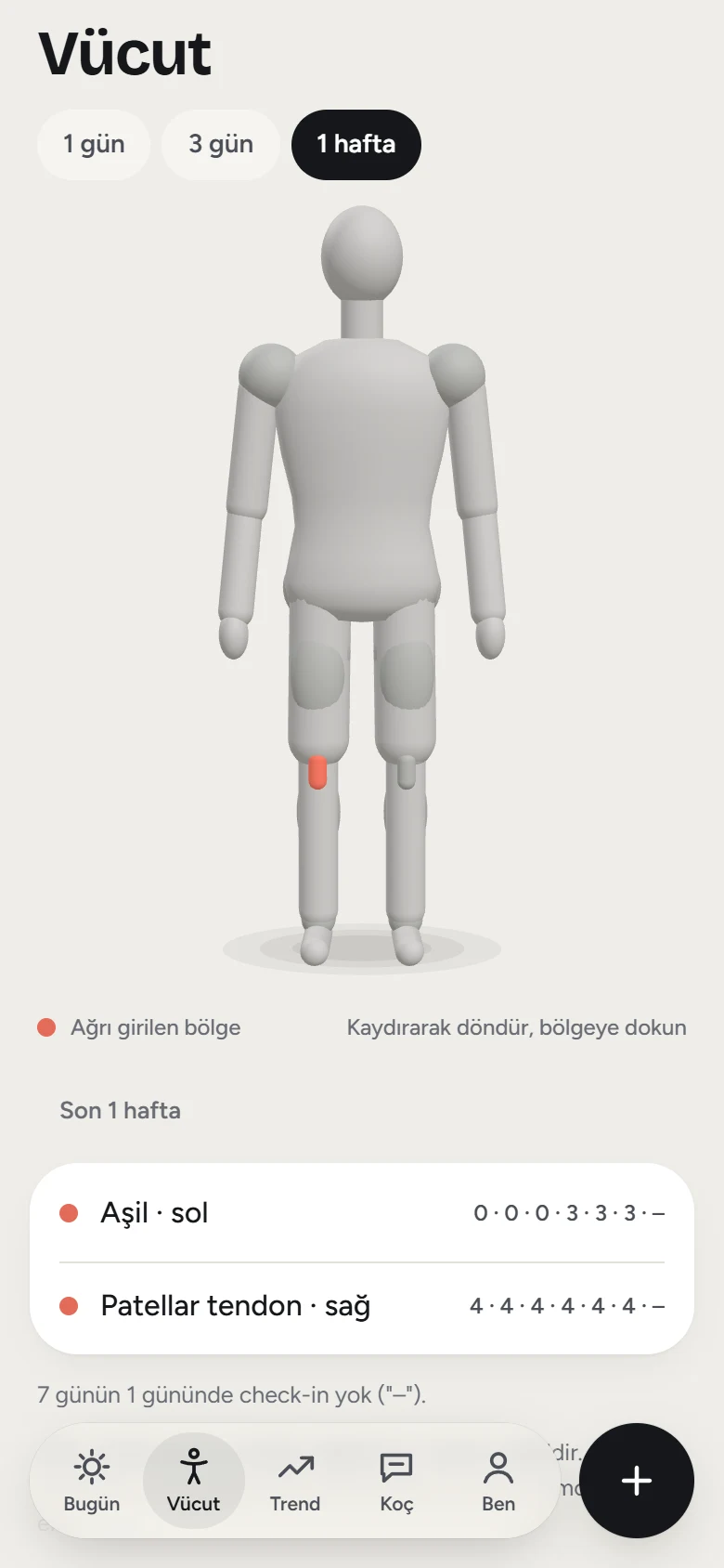 Body: a rotatable 3D figure with the past week's pain map